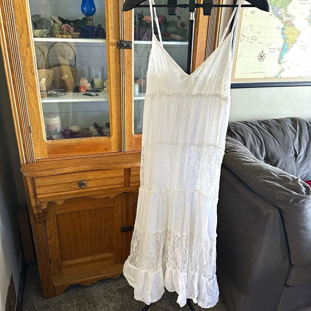 Raviya White Cotton Lace Maxi Dress L Boho Tiered Beach Resort Cottagecore
